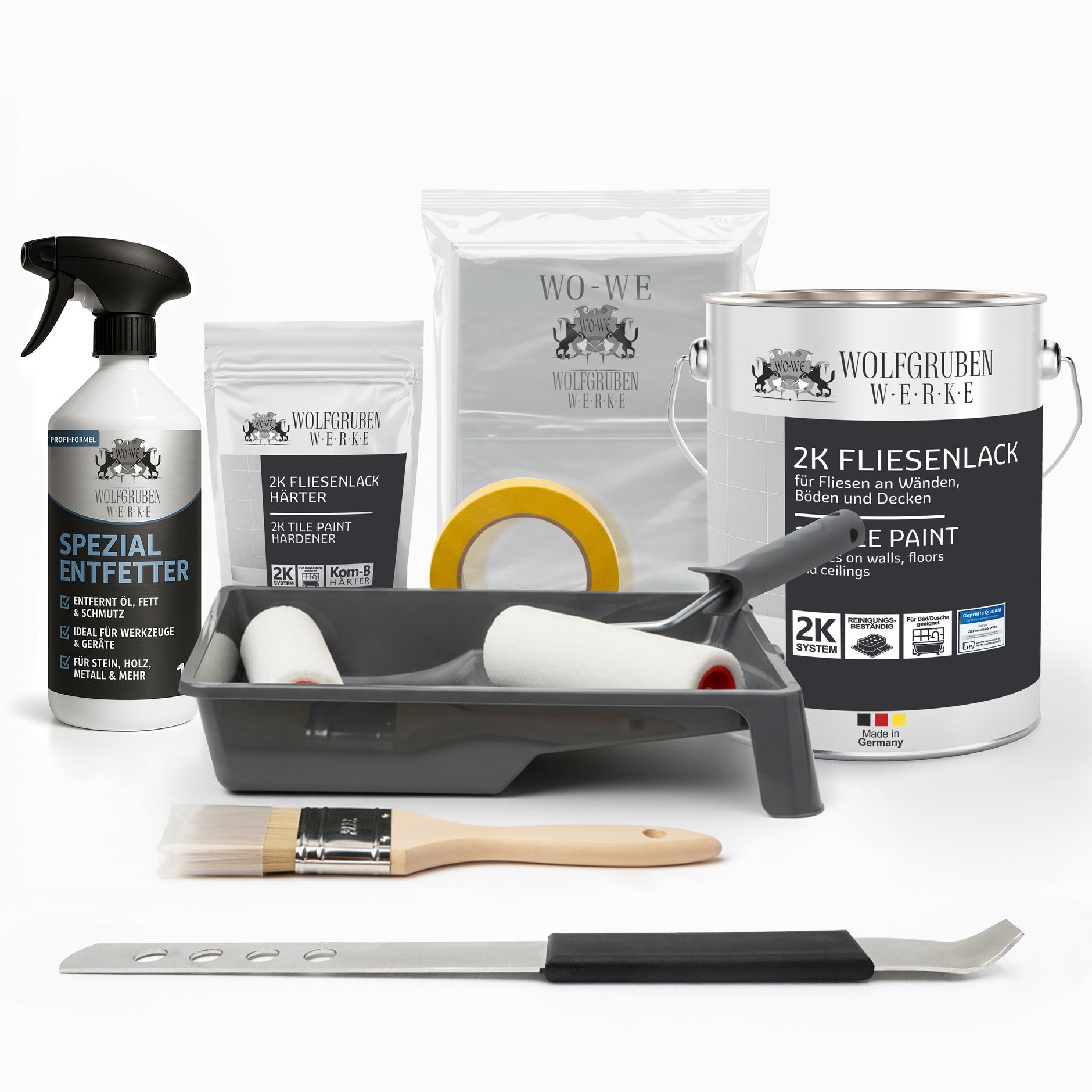 Kit completo di vernice per piastrelle 2K incl. sgrassatore, accessori – ristrutturazione per cucina, bagno, piastrelle da parete/pavimento, 2,5–5 kg
